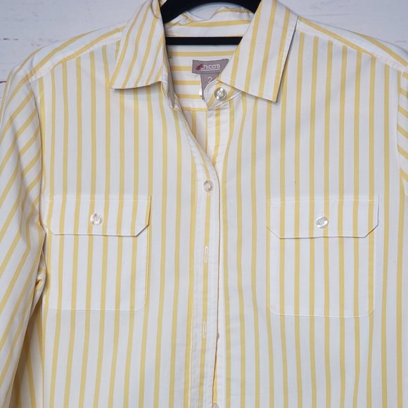Chico's Yellow and White Stripe Button Down Shirt - Picture 3 of 11